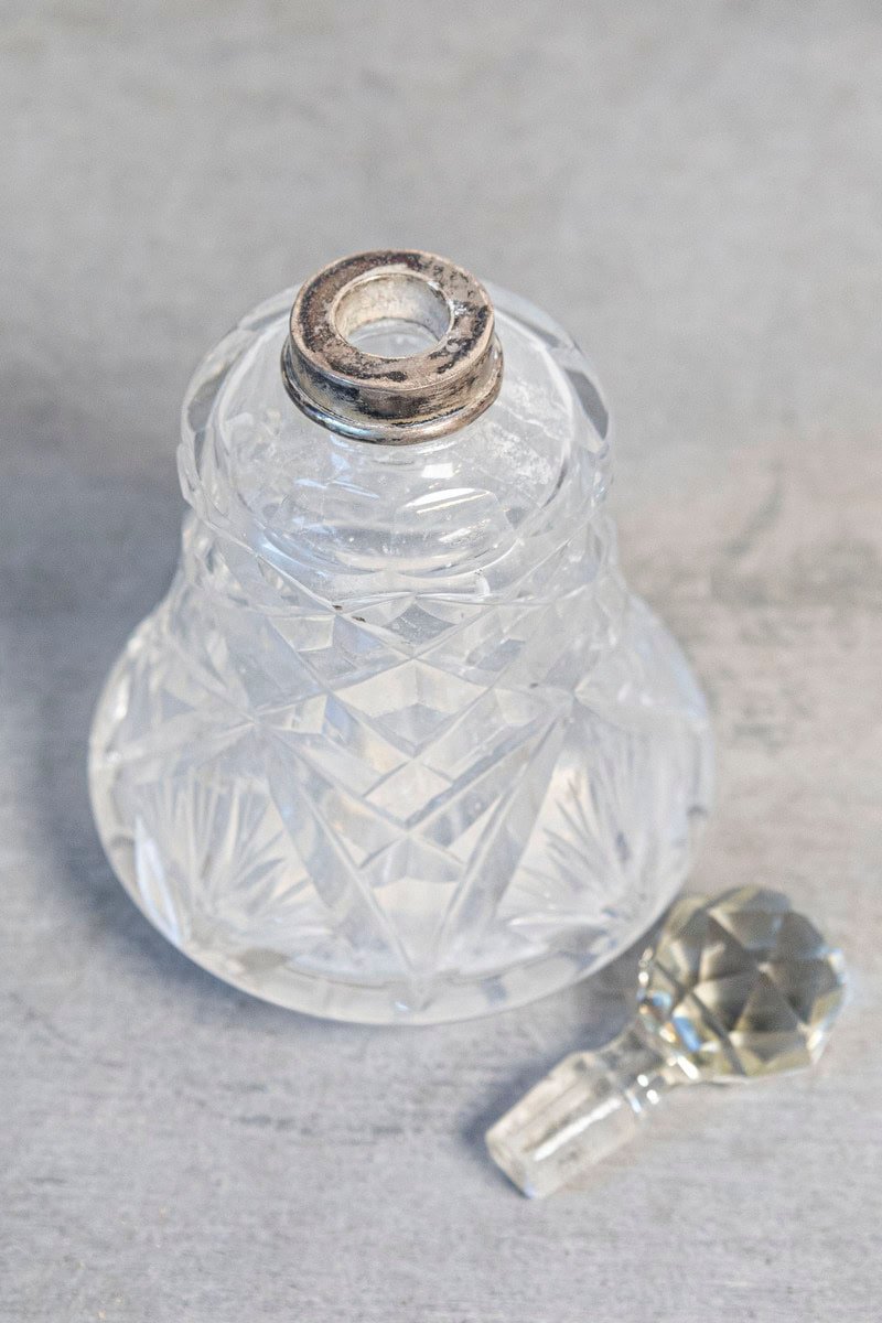 Small French 1920s Crystal Toiletry Bottle with Silver Neck and Diamond Motifs - JAA