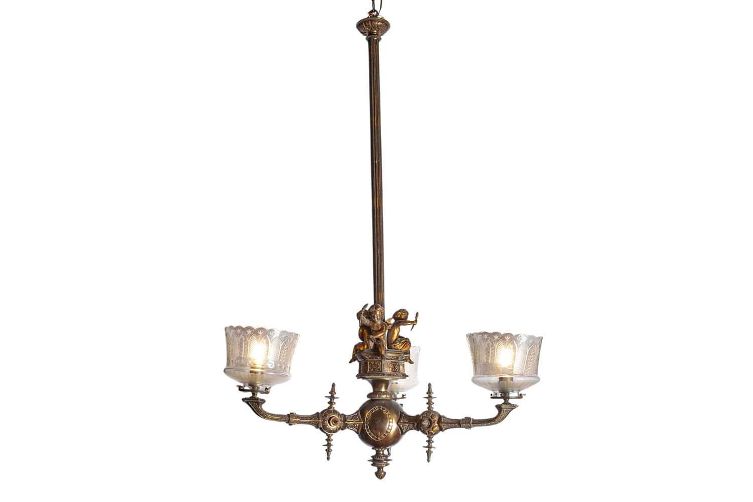 French 19th Century Three-Light Bronze and Baccarat Style Chandelier with Cherubs
