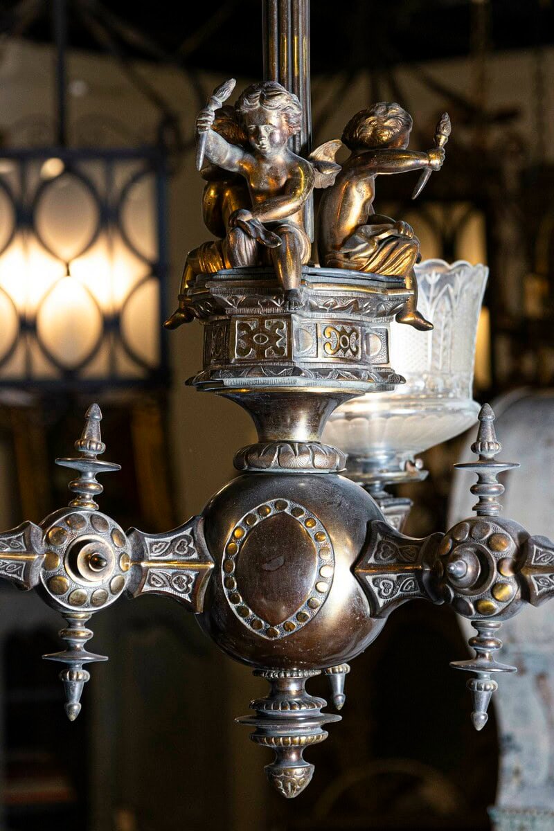 French 19th Century Three-Light Bronze and Baccarat Style Chandelier with Cherubs - JAA