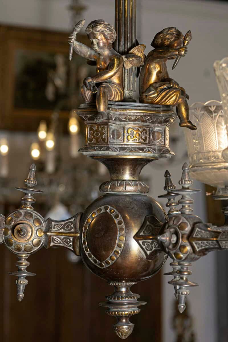 French 19th Century Three-Light Bronze and Baccarat Style Chandelier with Cherubs - JAA