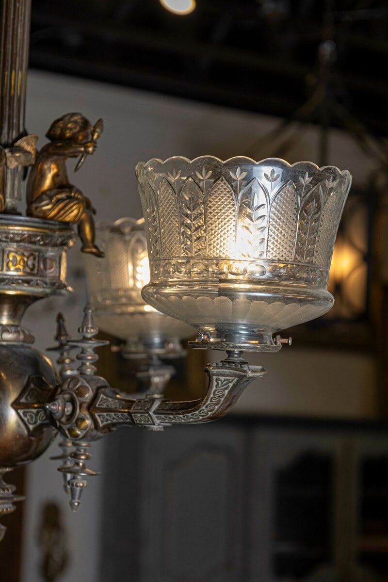 French 19th Century Three-Light Bronze and Baccarat Style Chandelier with Cherubs - JAA