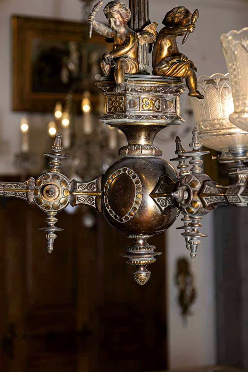 French 19th Century Three-Light Bronze and Baccarat Style Chandelier with Cherubs - JAA