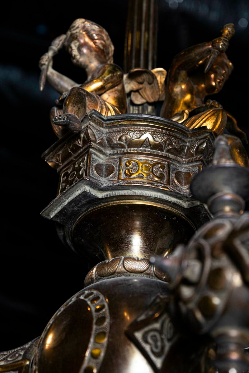 French 19th Century Three-Light Bronze and Baccarat Style Chandelier with Cherubs - JAA