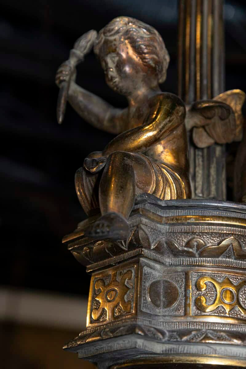 French 19th Century Three-Light Bronze and Baccarat Style Chandelier with Cherubs - JAA