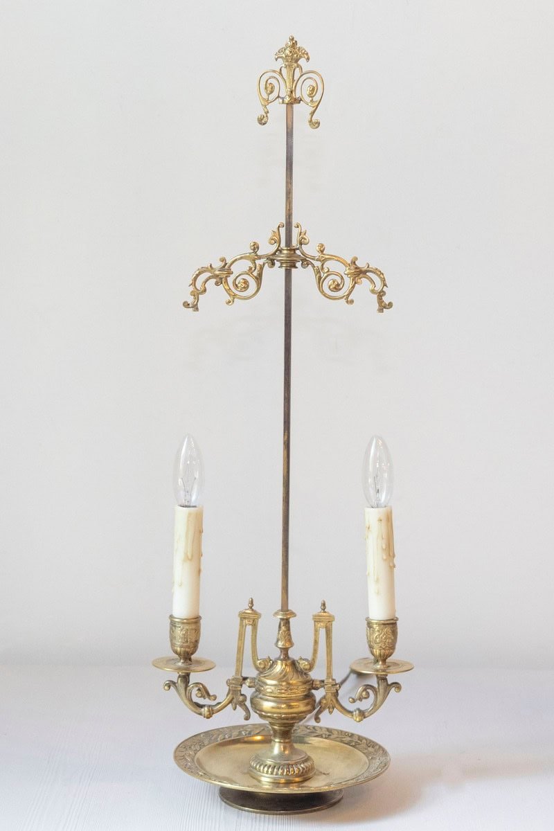 Ornate 19th-Century French Bronze Table Lamp with Scrollwork and Candle-Style Lights - JAA