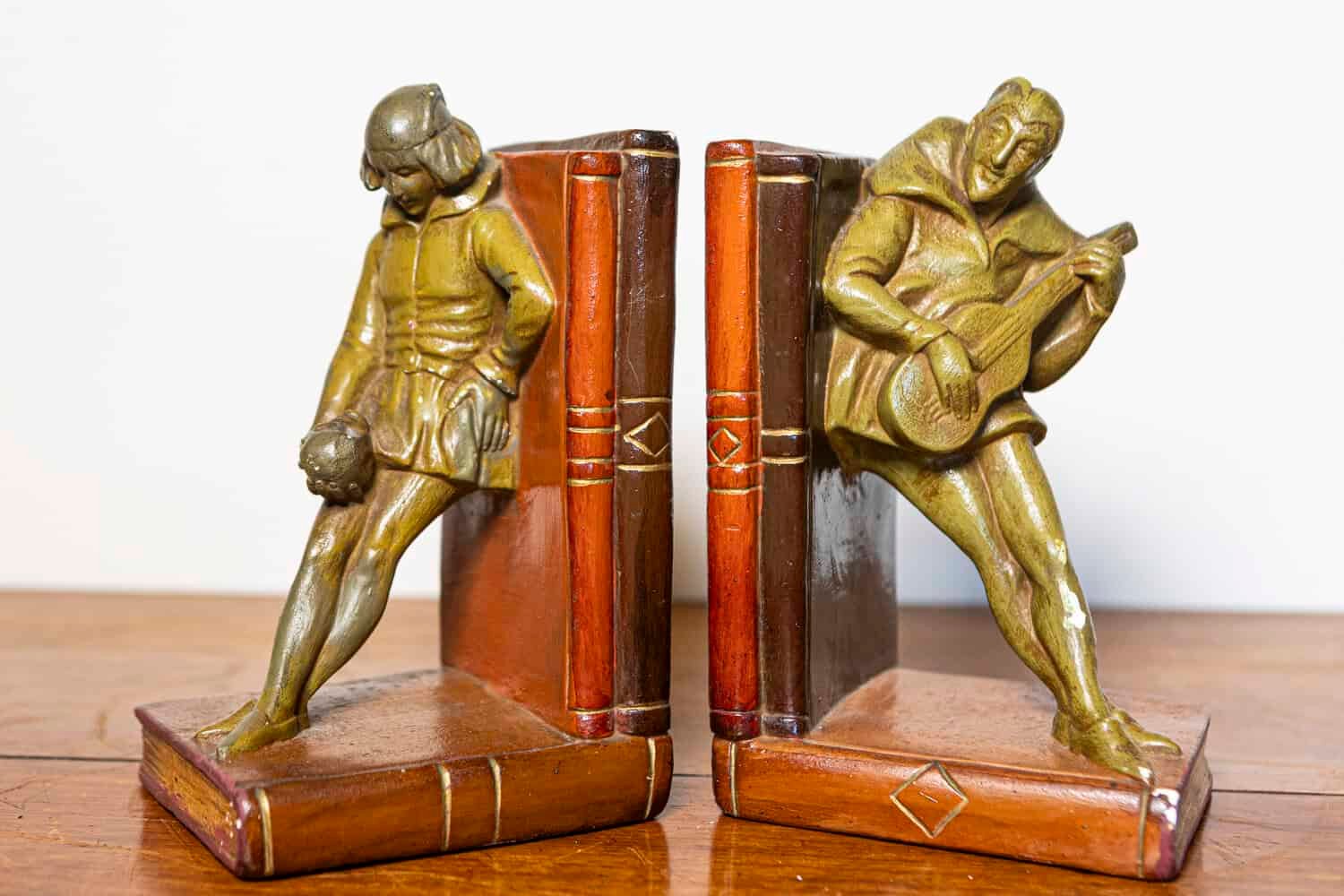 French 20th Century Pair of Patinated Bronze Bookends with Lute Player and Jester Figures - JAA