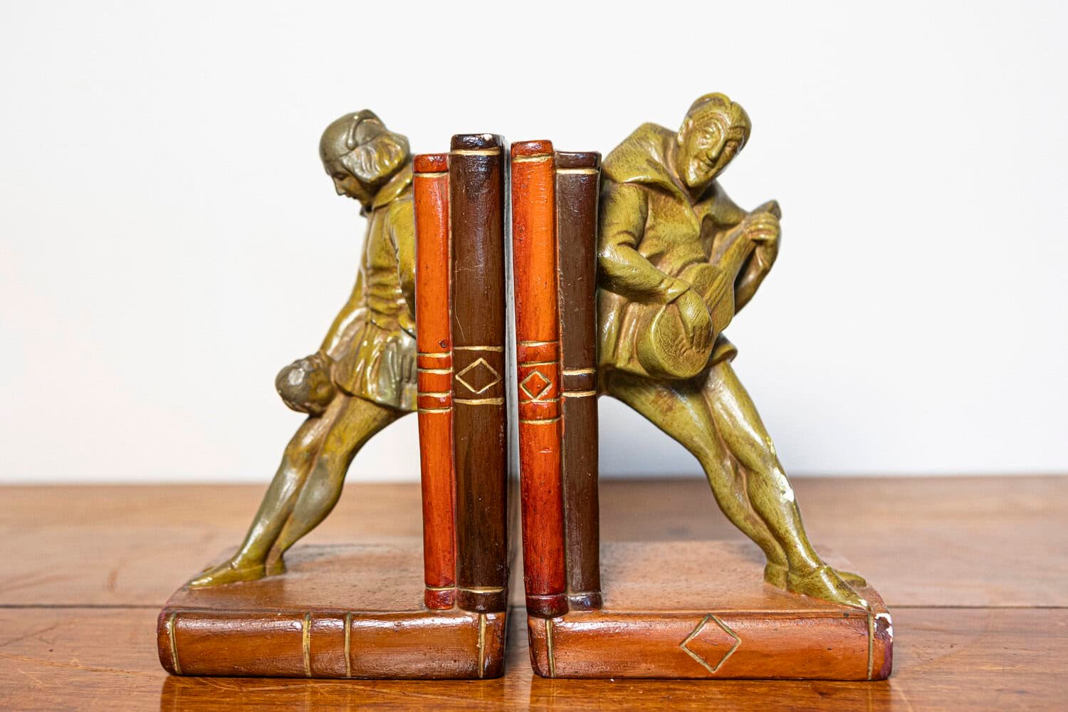 French 20th Century Pair of Patinated Bronze Bookends with Lute Player and Jester Figures - JAA