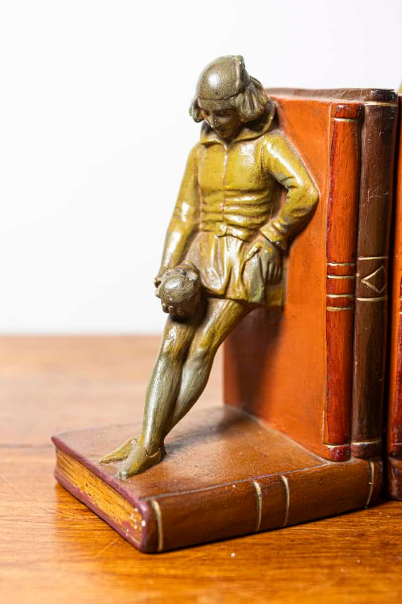 French 20th Century Pair of Patinated Bronze Bookends with Lute Player and Jester Figures - JAA