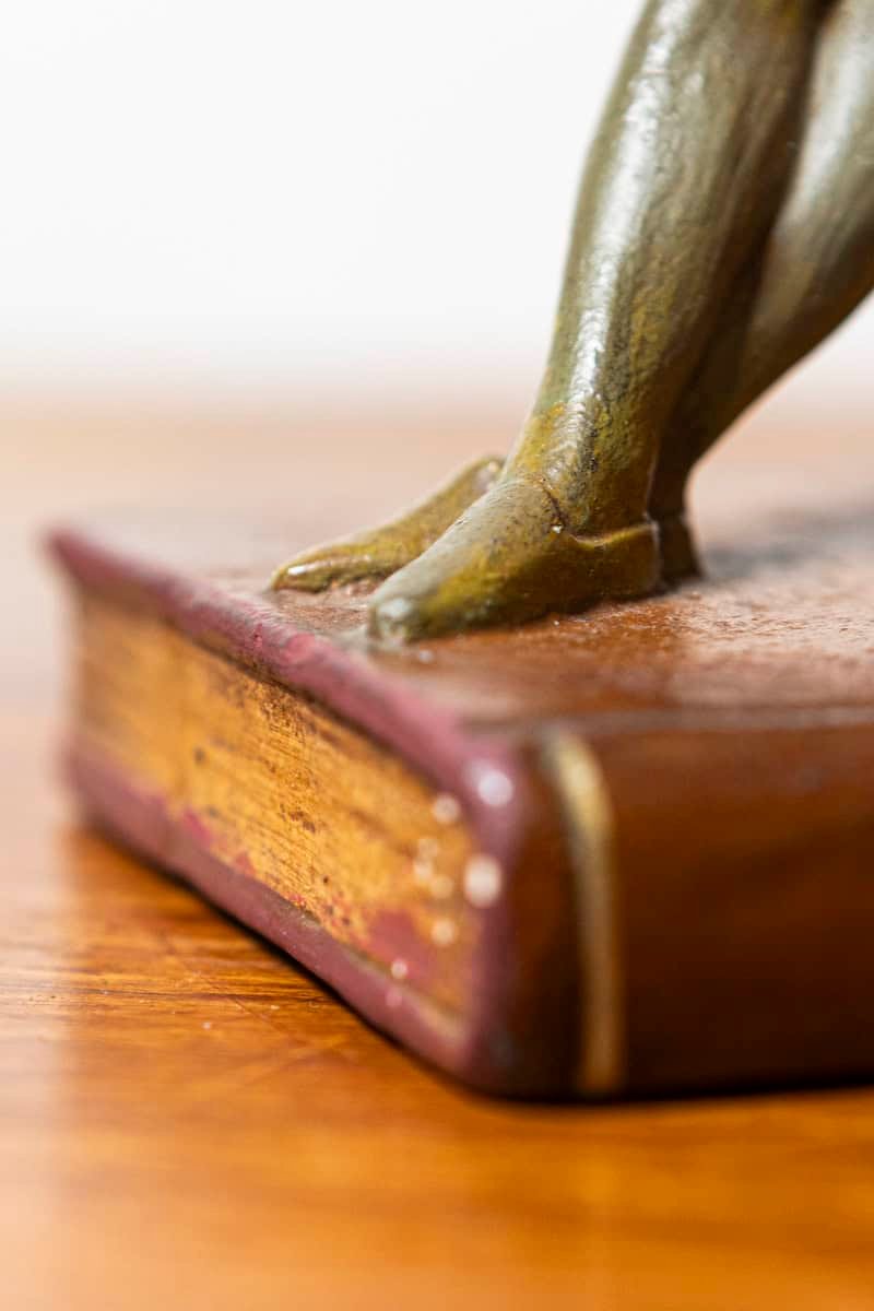 French 20th Century Pair of Patinated Bronze Bookends with Lute Player and Jester Figures - JAA