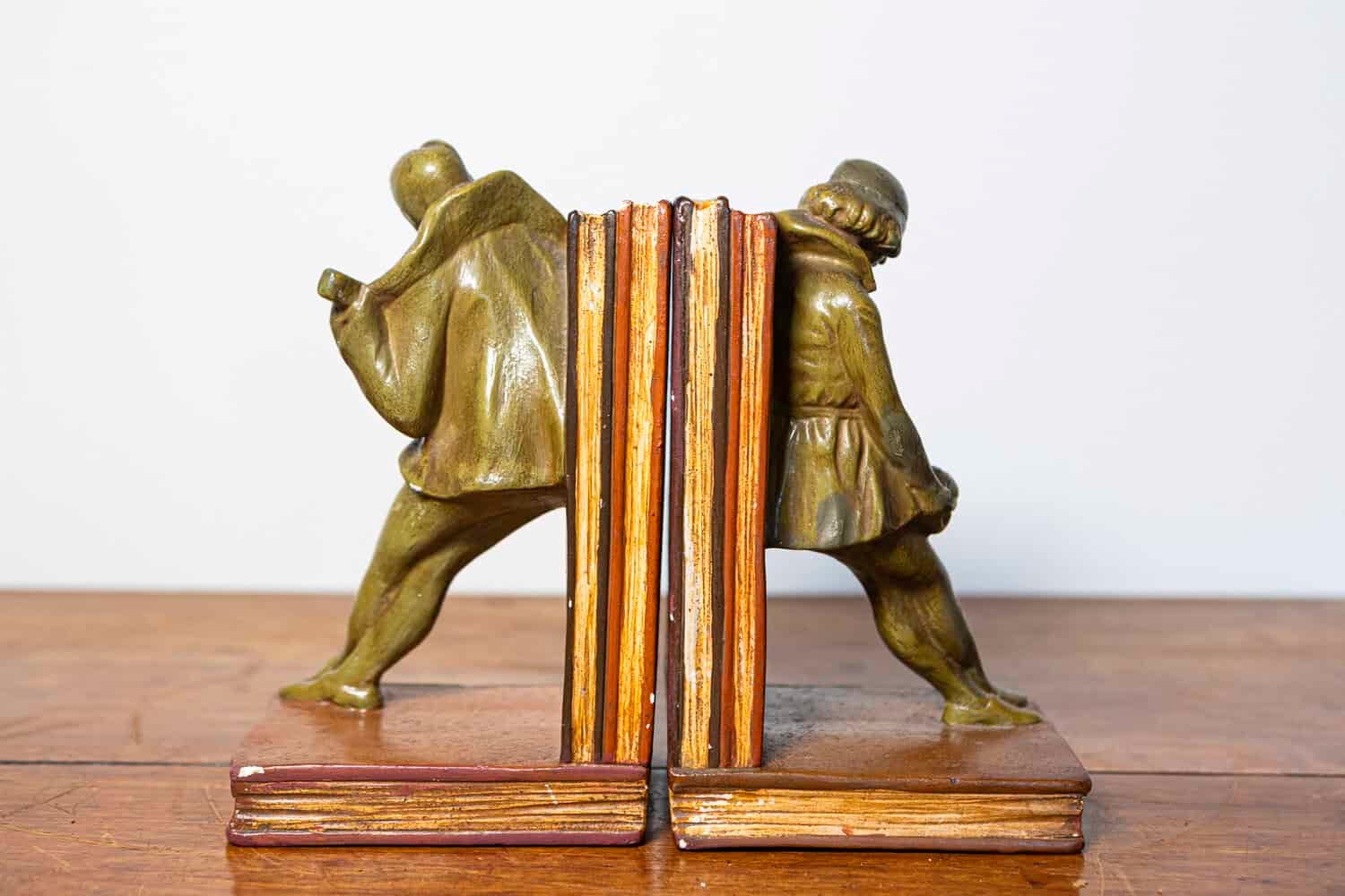 French 20th Century Pair of Patinated Bronze Bookends with Lute Player and Jester Figures - JAA