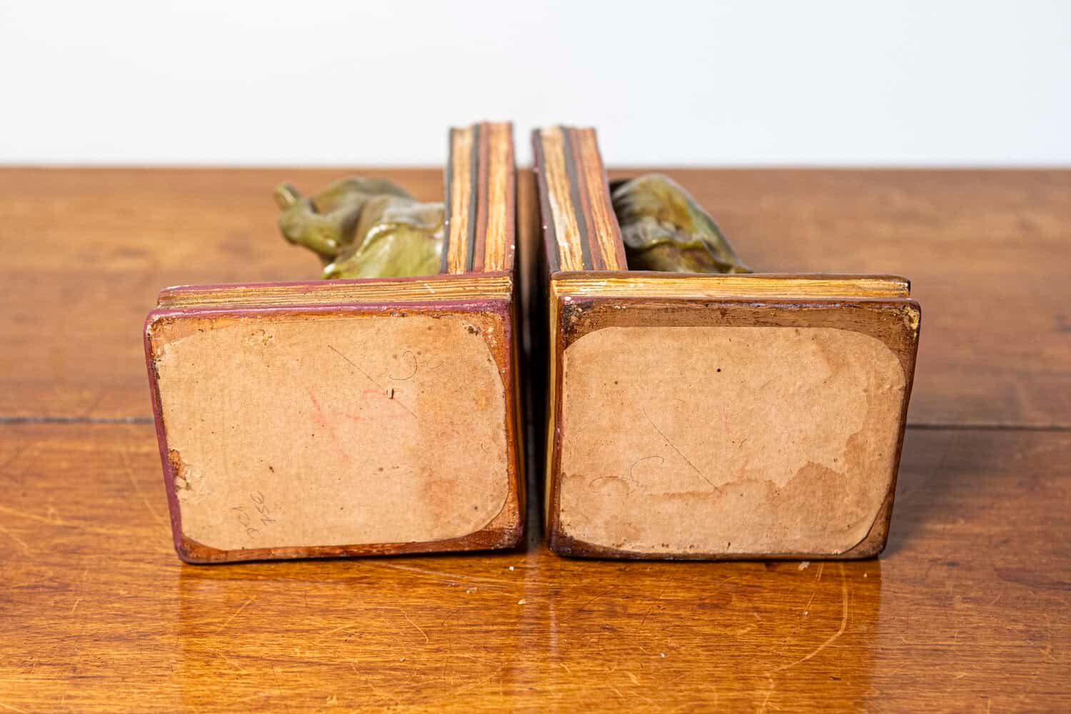 French 20th Century Pair of Patinated Bronze Bookends with Lute Player and Jester Figures - JAA