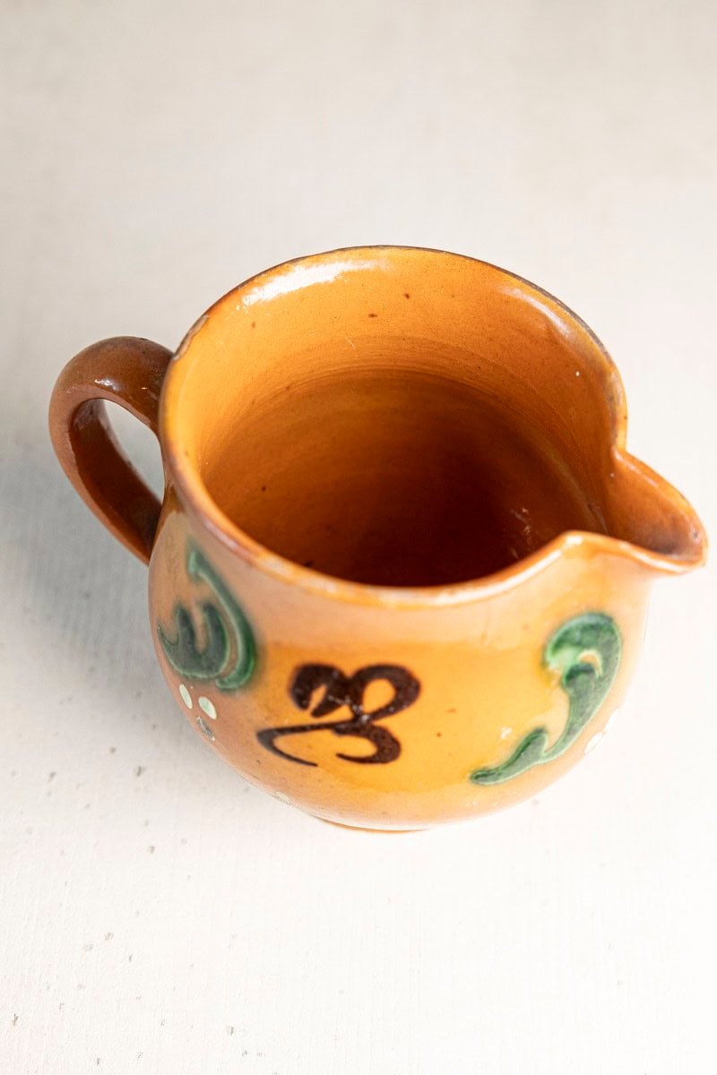 Early 20th Century French Glazed Terracotta Miniature Pitcher with Folk Slip Decoration - JAA