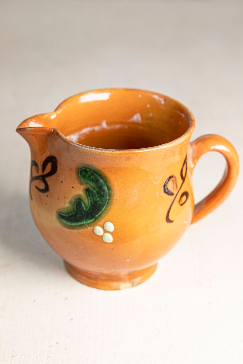 Early 20th Century French Glazed Terracotta Miniature Pitcher with Folk Slip Decoration - JAA
