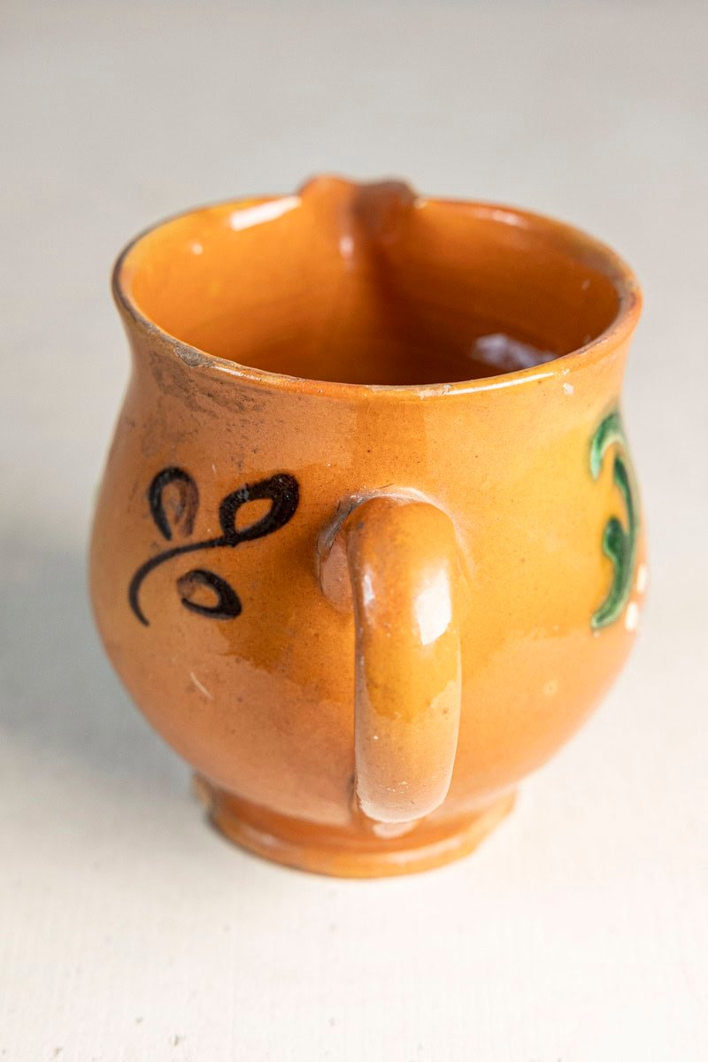 Early 20th Century French Glazed Terracotta Miniature Pitcher with Folk Slip Decoration - JAA