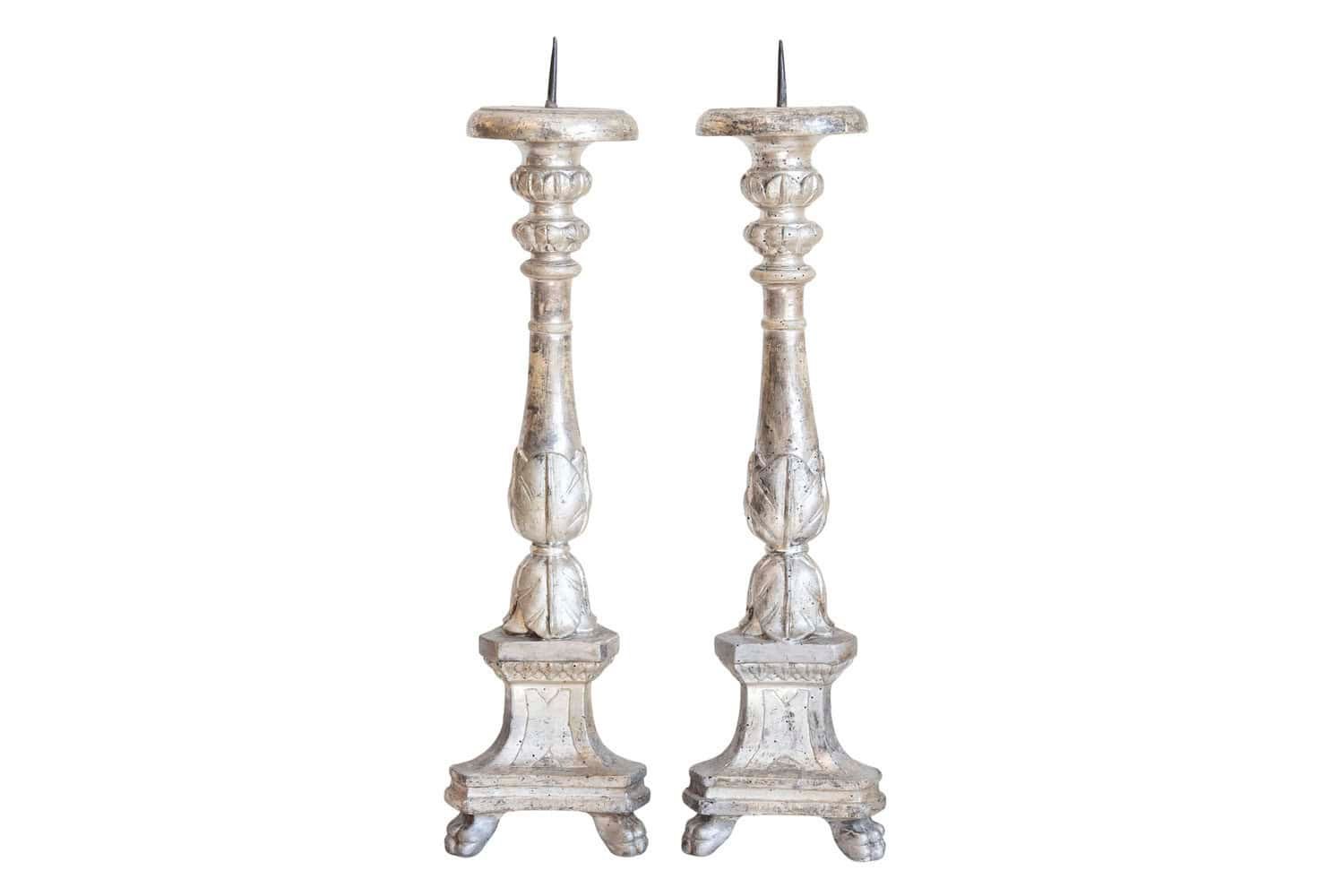 Pair of 1850s Italian Silver Gilt Candlesticks with Carved Waterleaves
