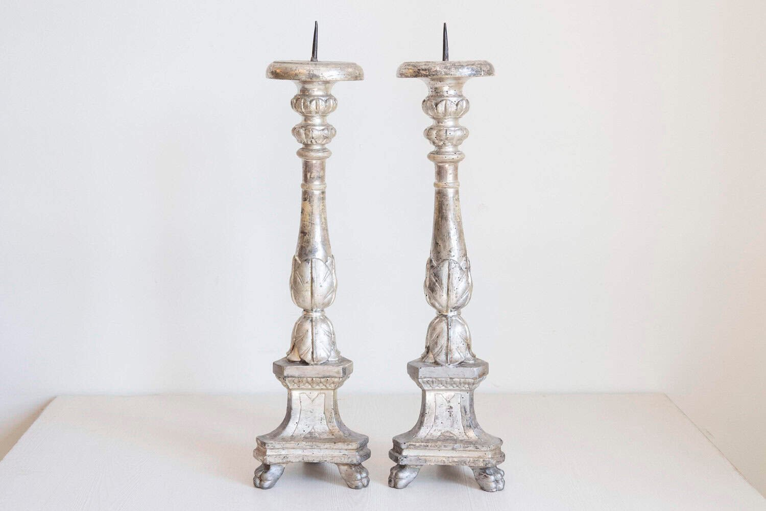 Pair of 1850s Italian Silver Gilt Candlesticks with Carved Waterleaves - JAA