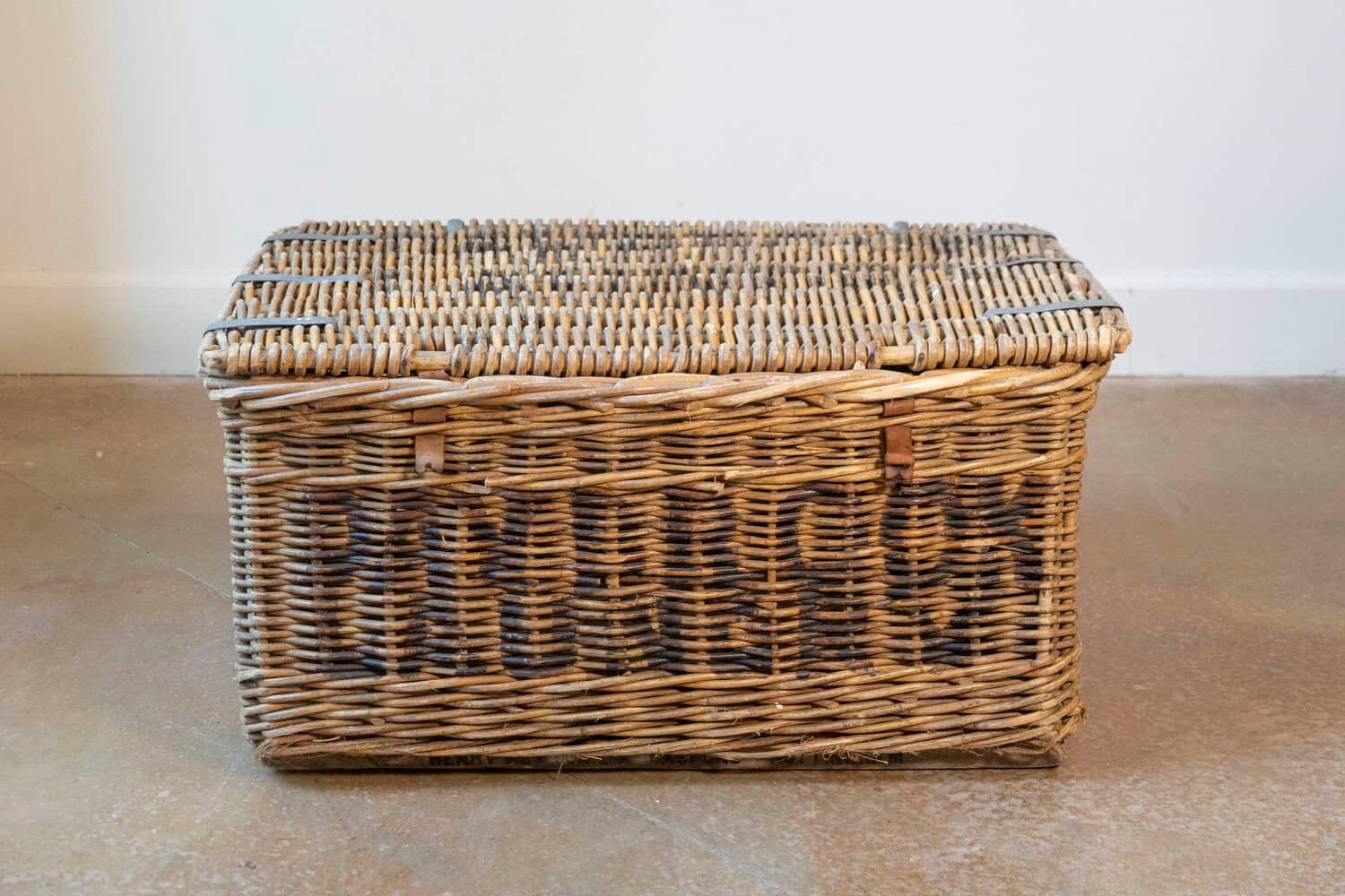 19th Century English Wicker Laundry Basket with Painted Labeling - JAA