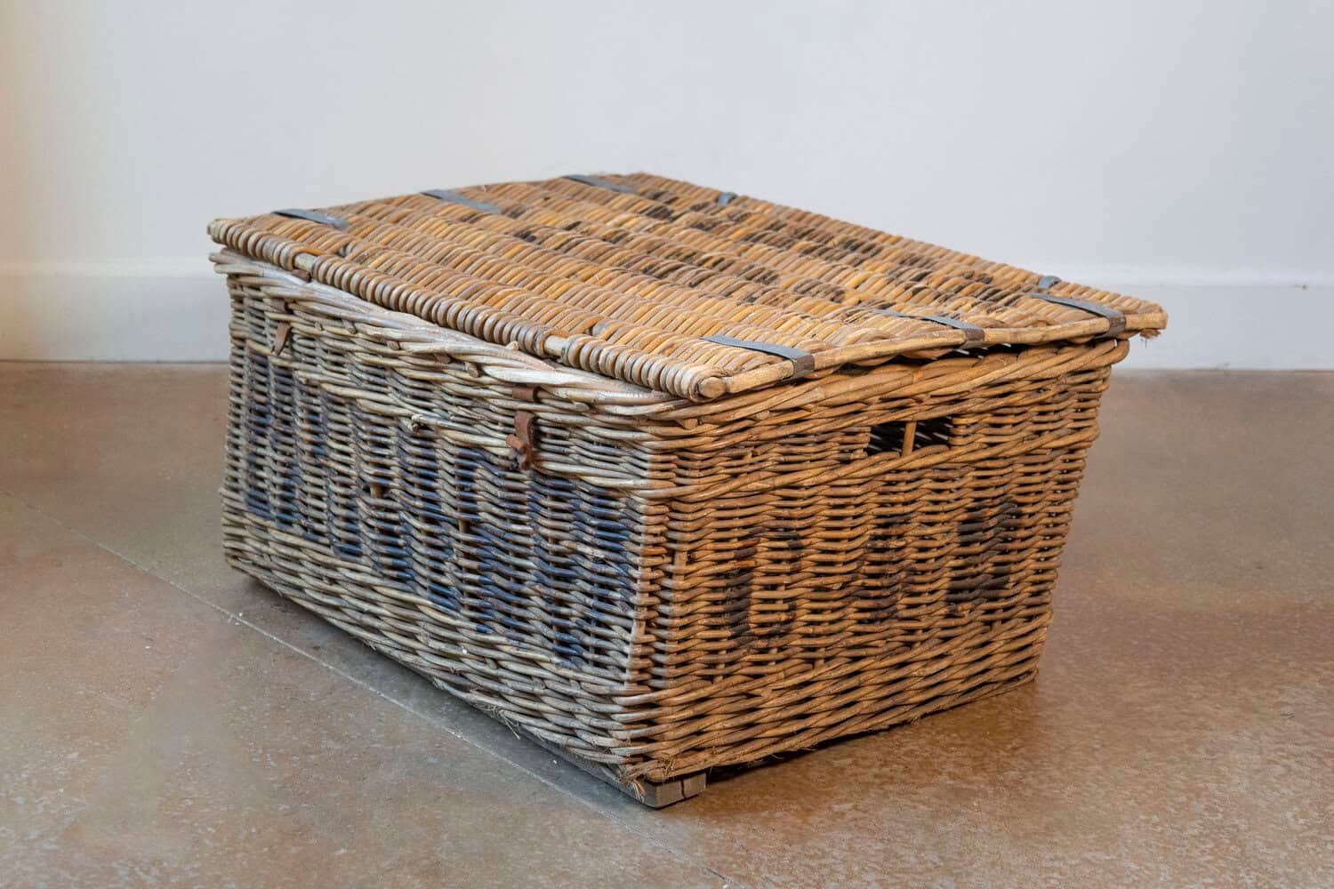 19th Century English Wicker Laundry Basket with Painted Labeling - JAA