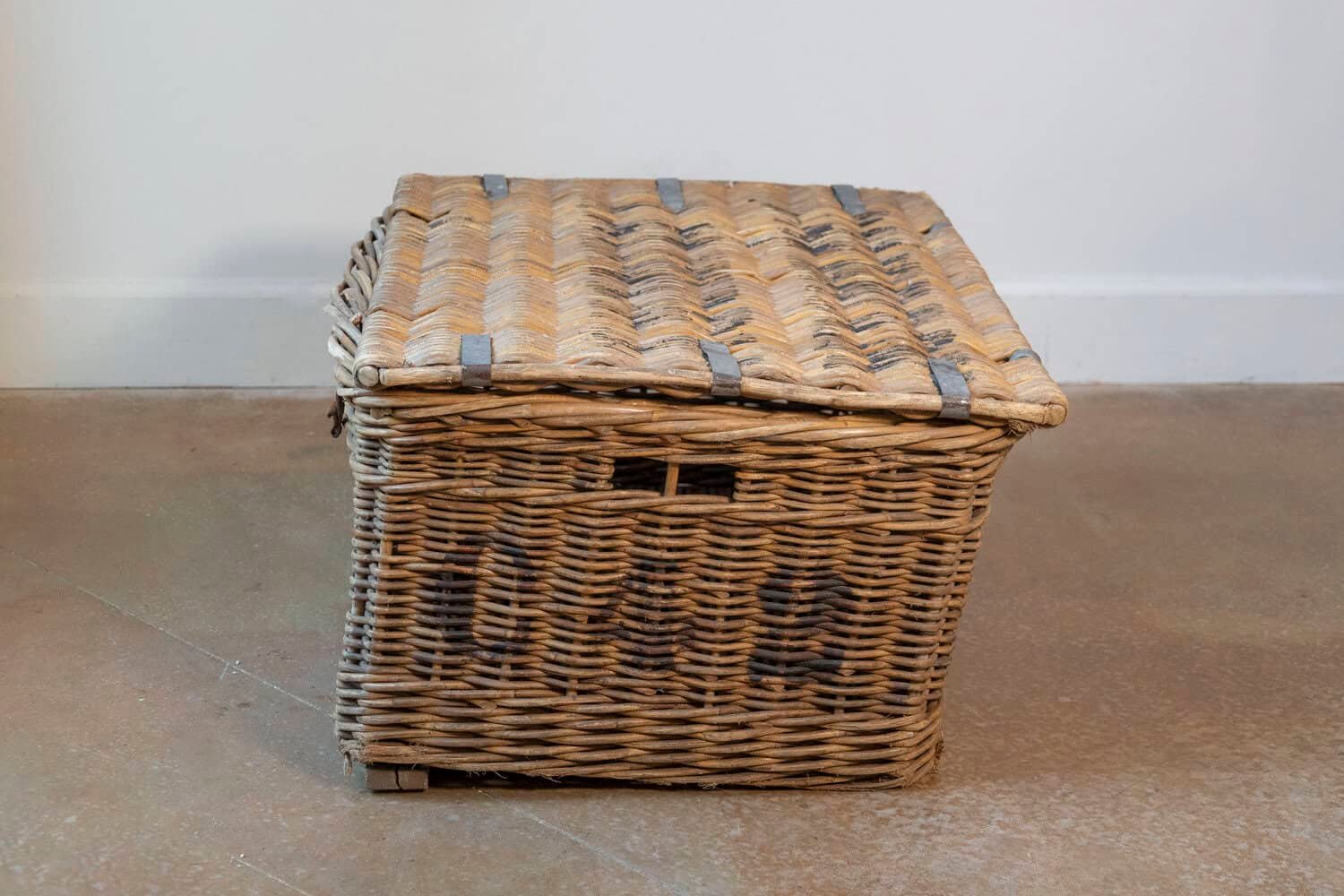 19th Century English Wicker Laundry Basket with Painted Labeling - JAA