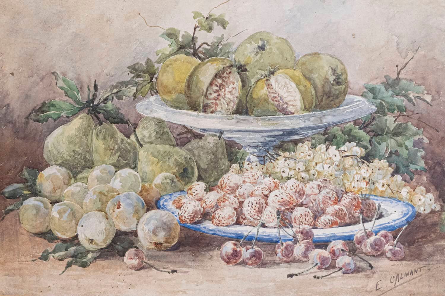 French Framed 19th Century Watercolor Depicting Fruits, Signed E Calmant - JAA
