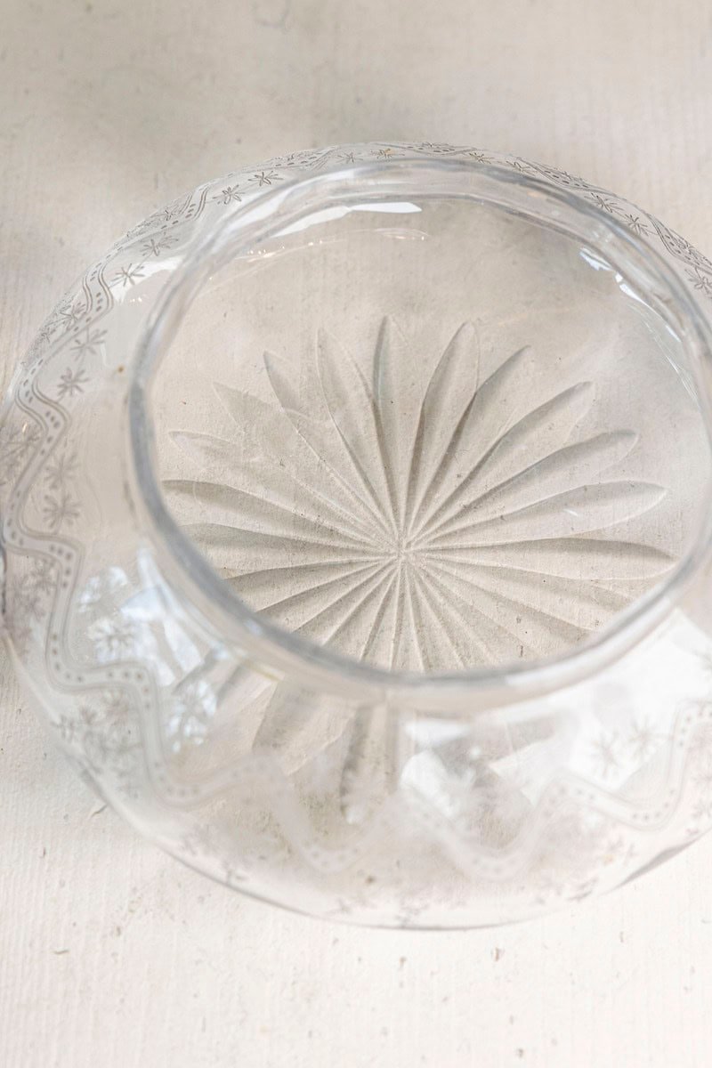 Small English 1920s Glass Vanity Jar with Incised Silver Lid and Etched Design - JAA