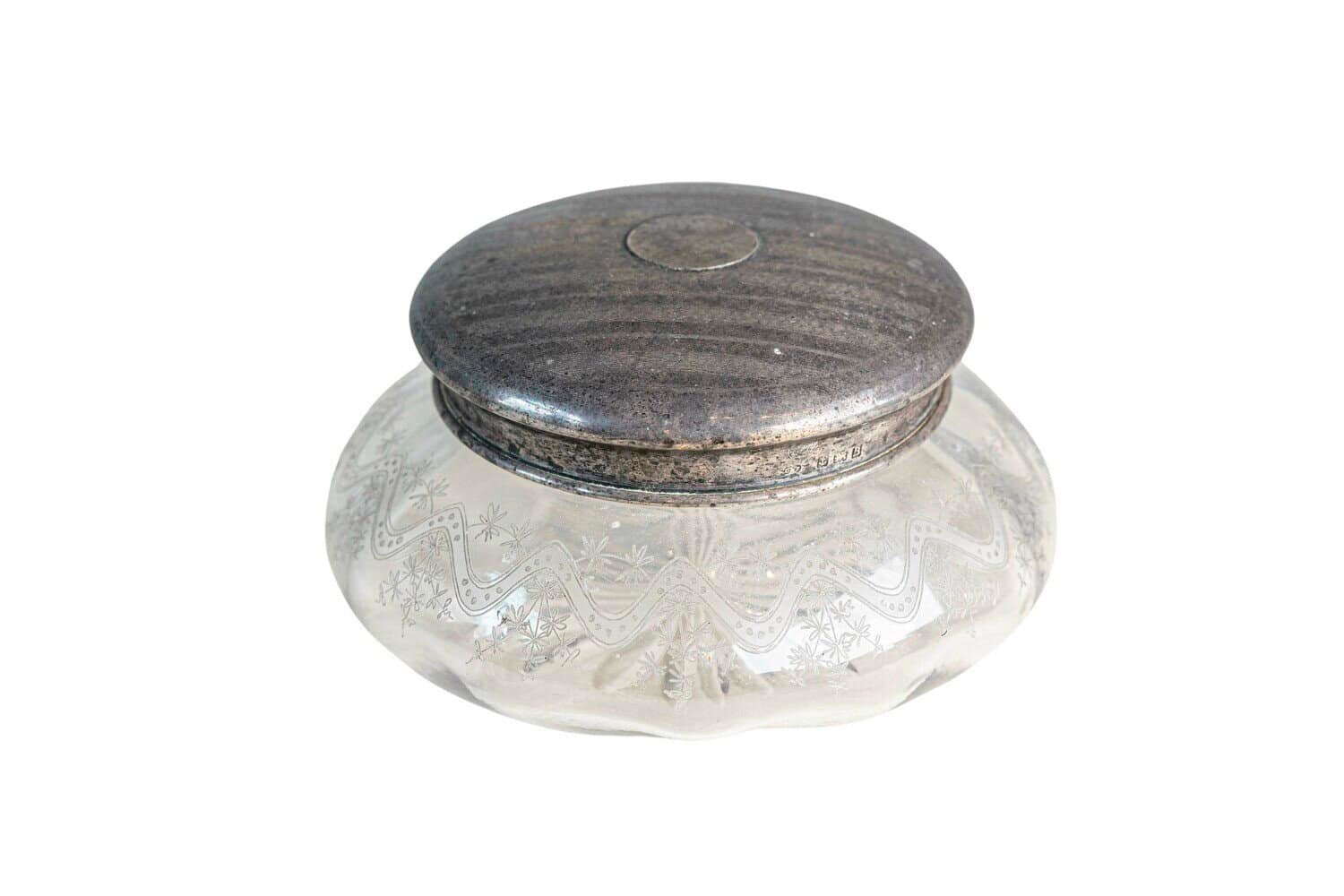 Small English 1920s Glass Vanity Jar with Incised Silver Lid and Etched Design - JAA