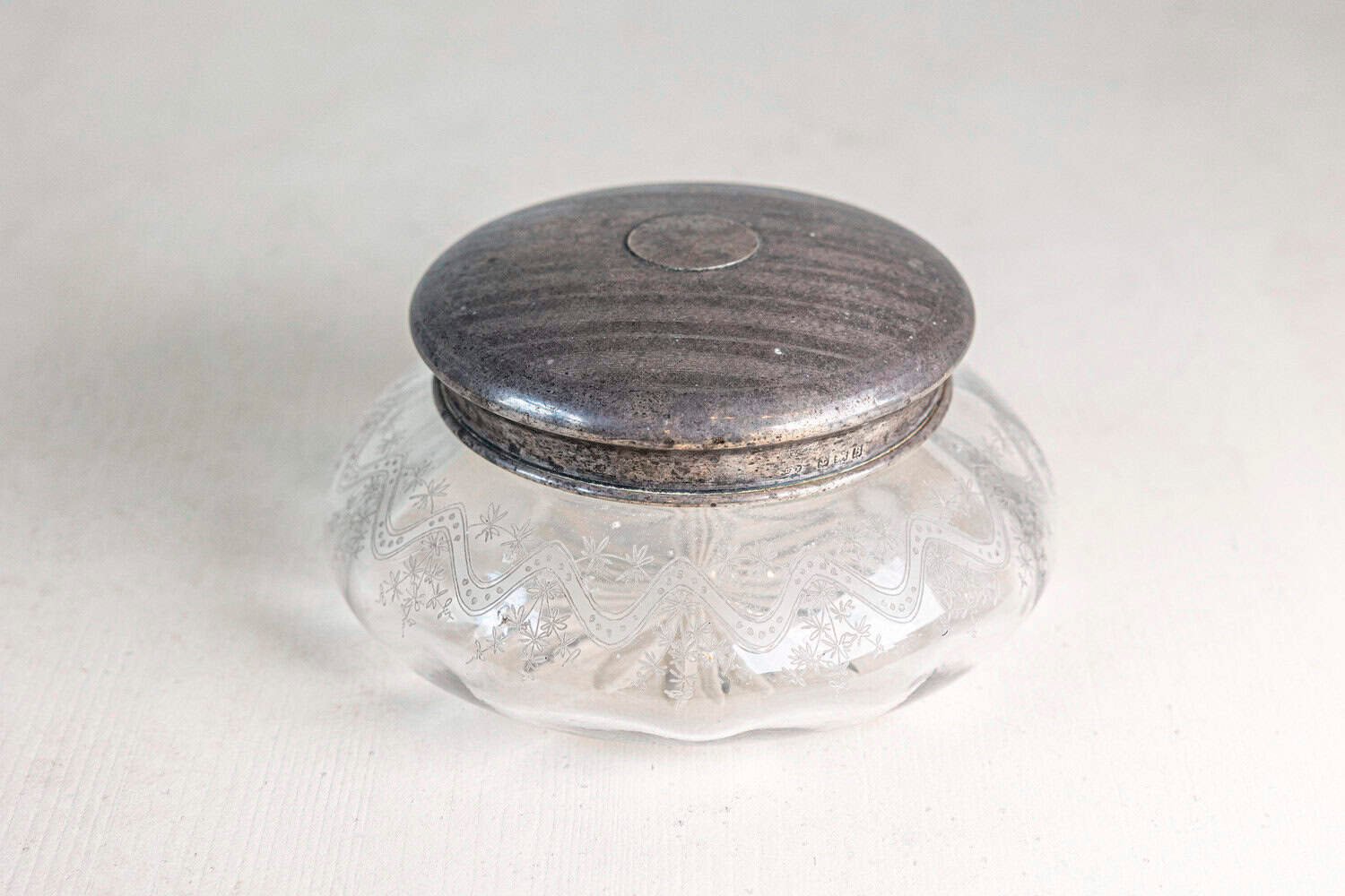 Small English 1920s Glass Vanity Jar with Incised Silver Lid and Etched Design - JAA