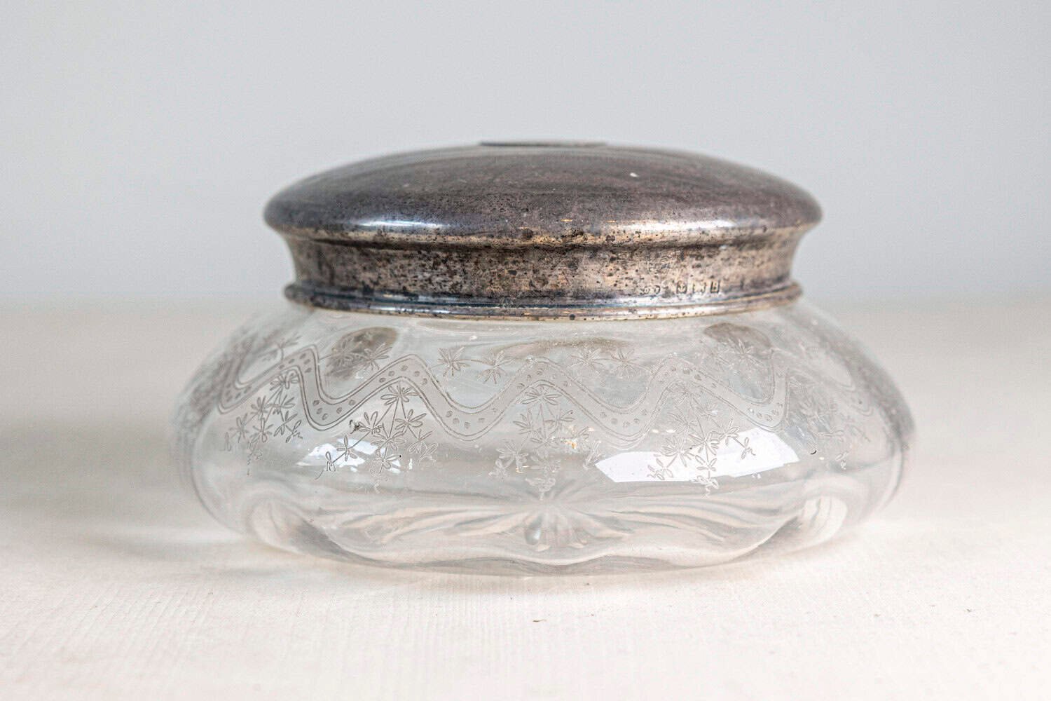 Small English 1920s Glass Vanity Jar with Incised Silver Lid and Etched Design - JAA