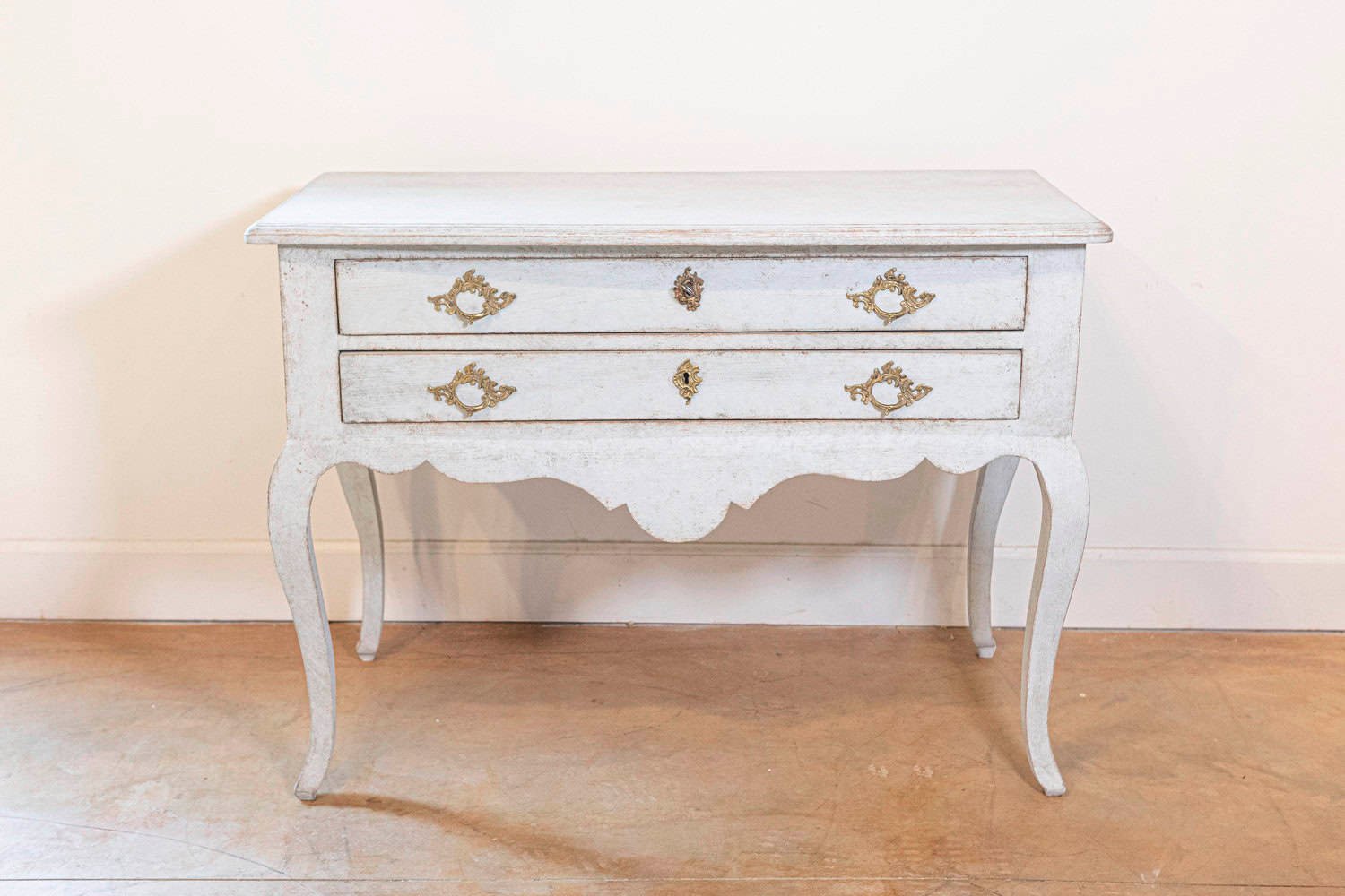 Swedish 1920s Rococo Style Painted Wood Two-Drawer Chest with Carved Apron - JAA