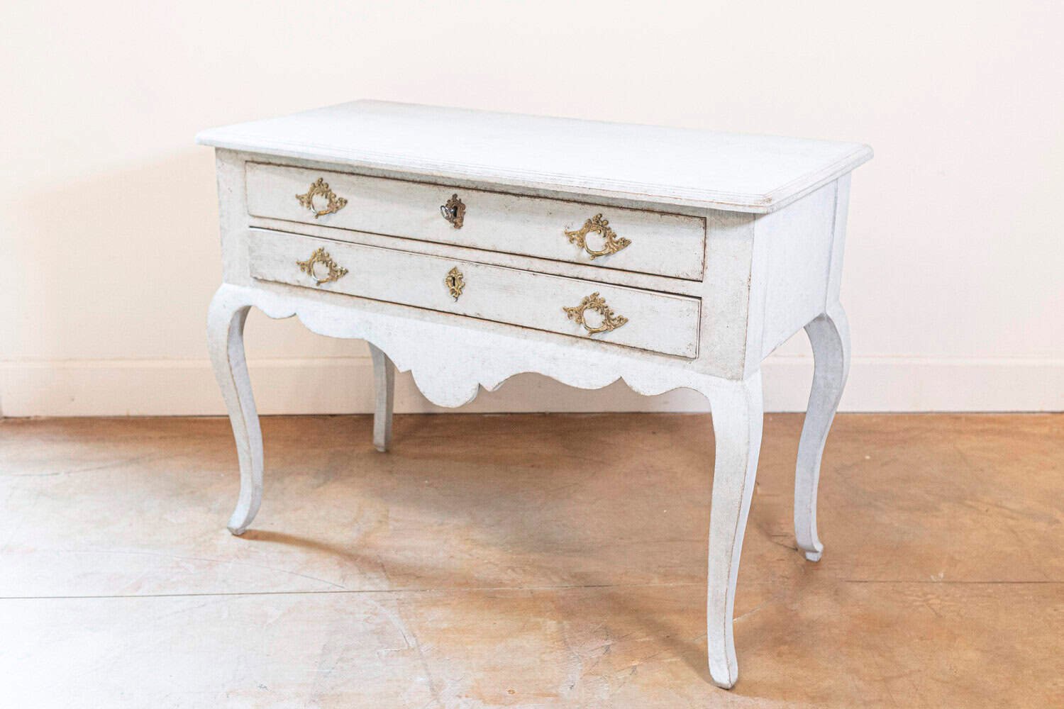 Swedish 1920s Rococo Style Painted Wood Two-Drawer Chest with Carved Apron - JAA