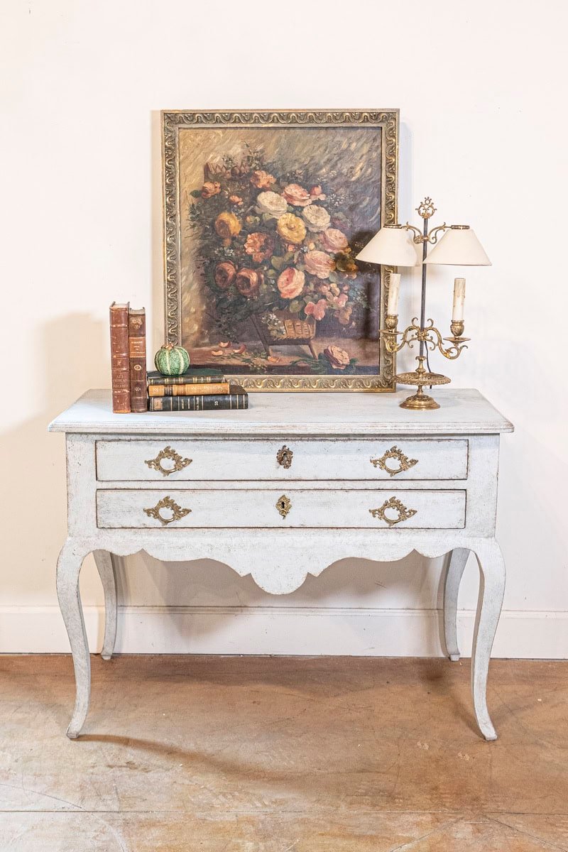 Swedish 1920s Rococo Style Painted Wood Two-Drawer Chest with Carved Apron - JAA