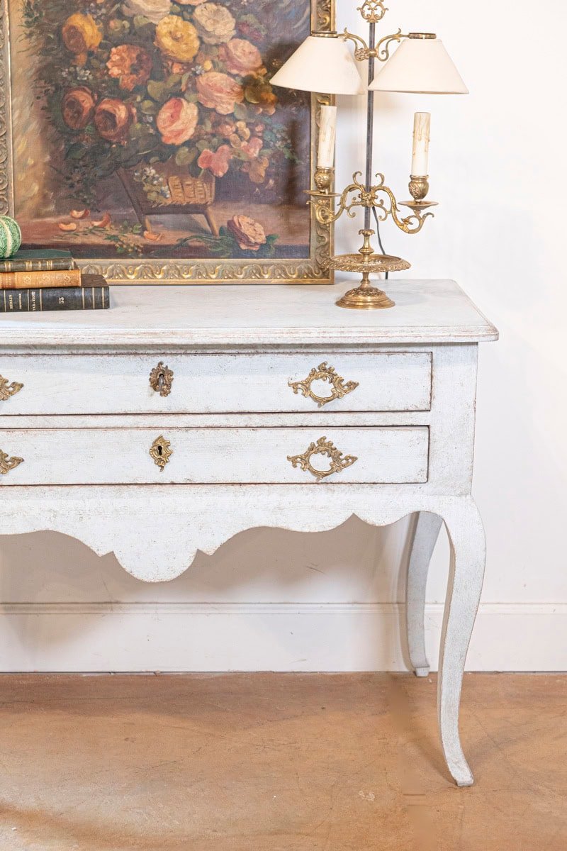 Swedish 1920s Rococo Style Painted Wood Two-Drawer Chest with Carved Apron - JAA