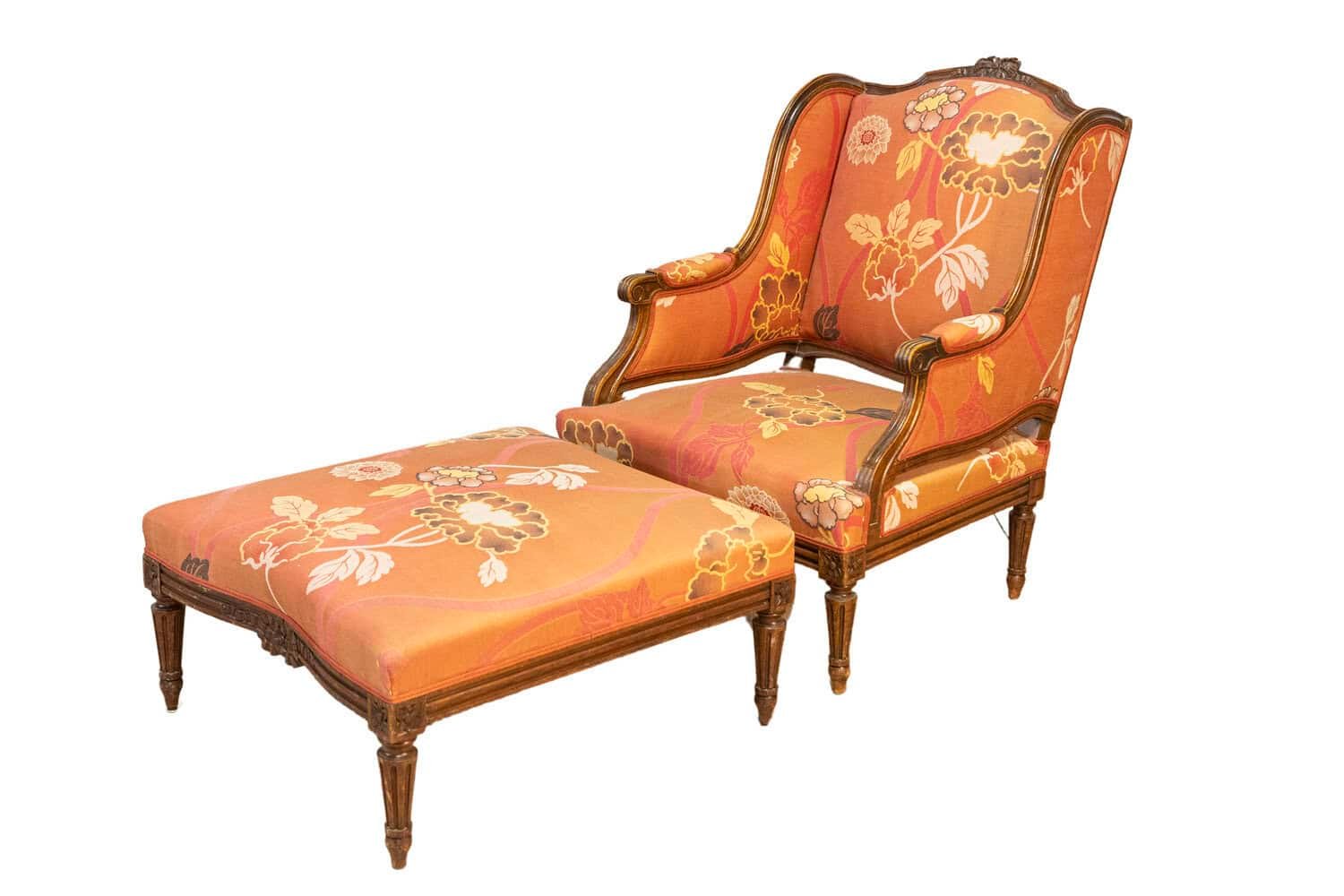 20th Century French Walnut Chair and Ottoman