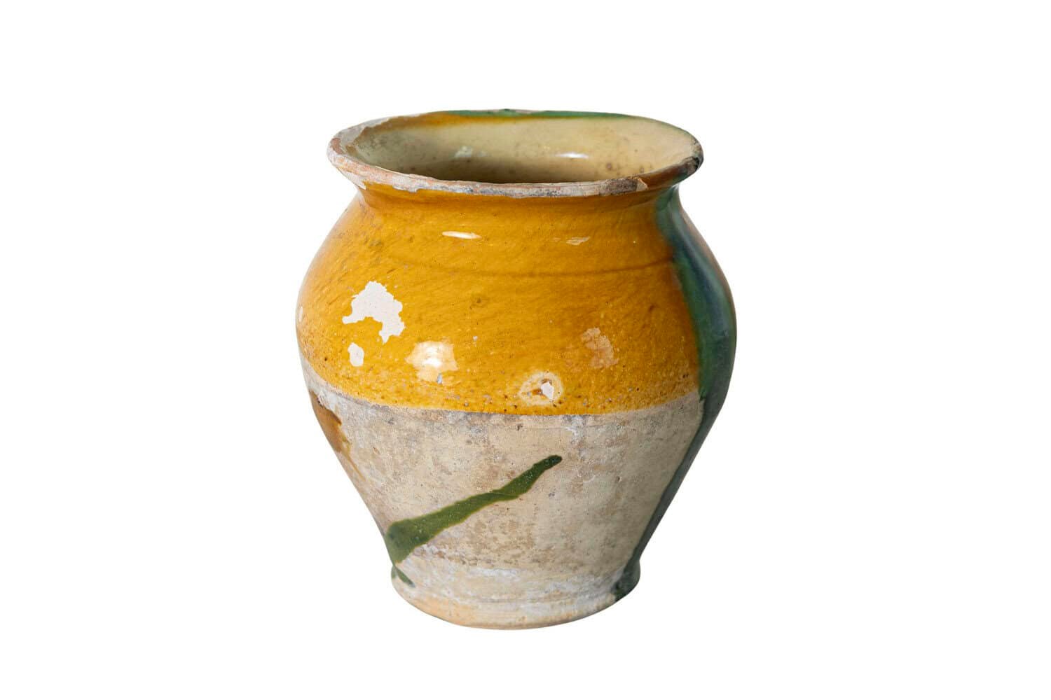 French 19th Century Country Glazed Confit Pot with Ochre Yellow Glaze