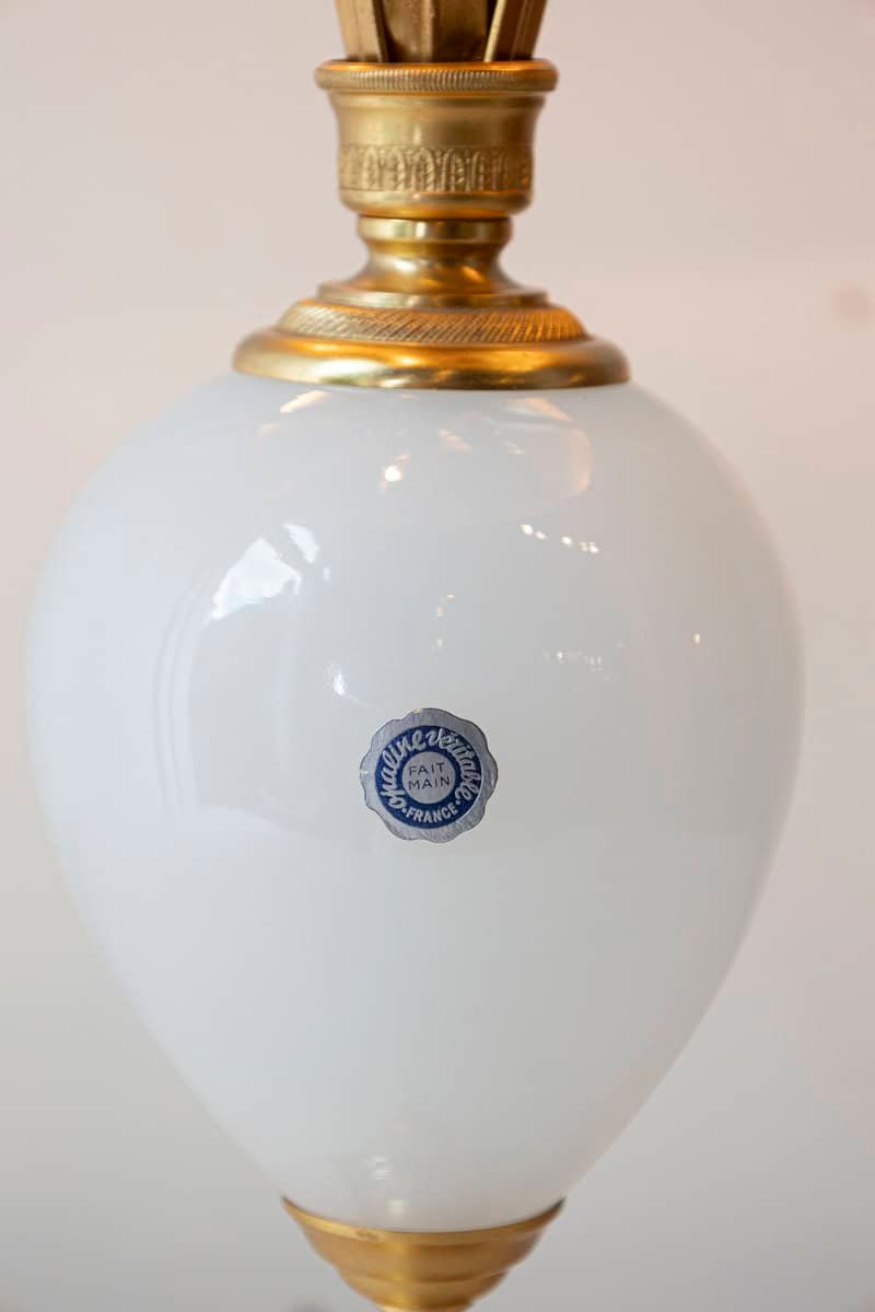 20th Century French White Glass and Gilt Metal Table Lamp with Navy Blue Shade - JAA