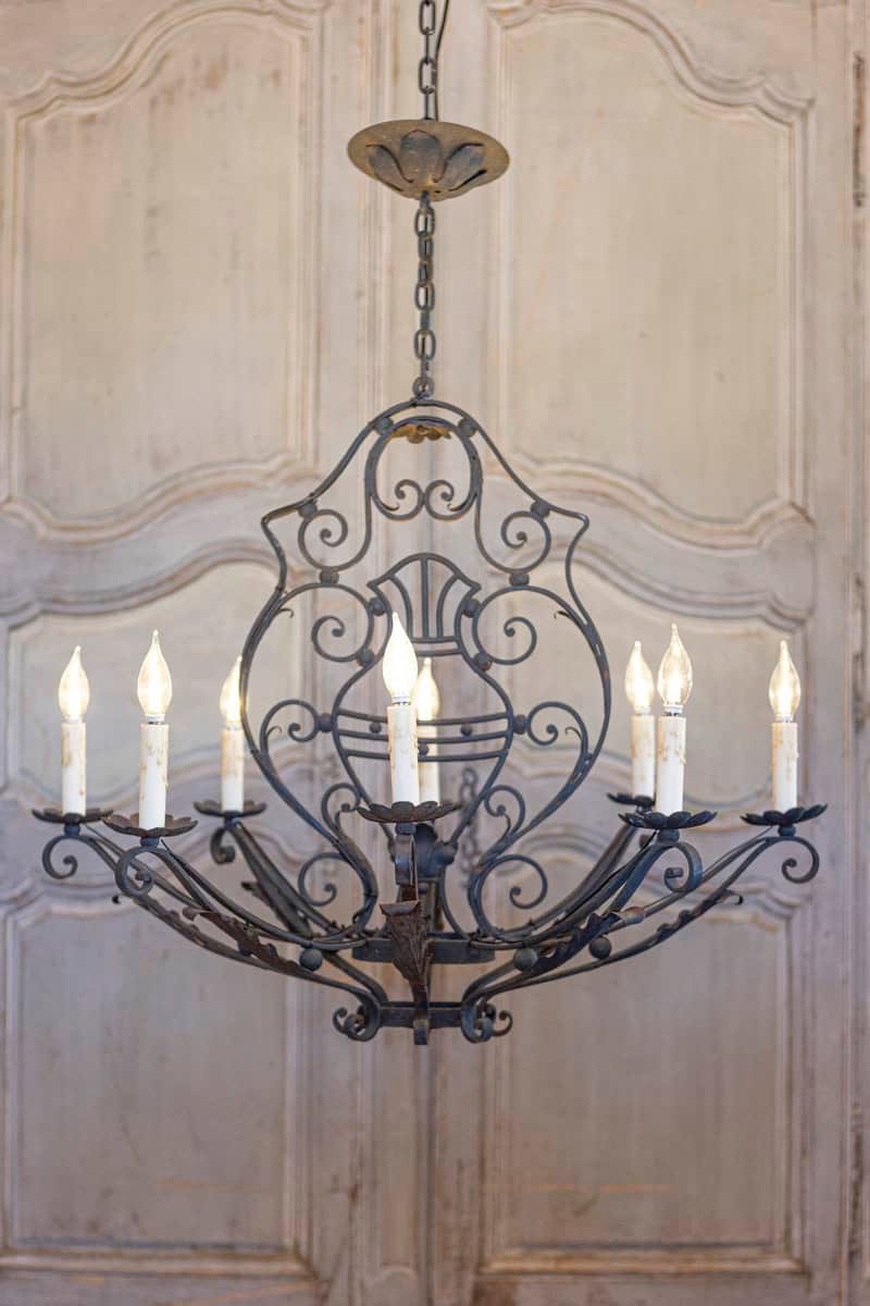 20th Century French Wrought Iron Eight-Light Chandelier, USA Wired - JAA