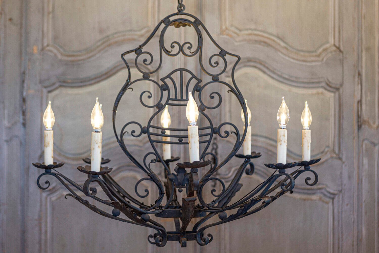 20th Century French Wrought Iron Eight-Light Chandelier, USA Wired - JAA