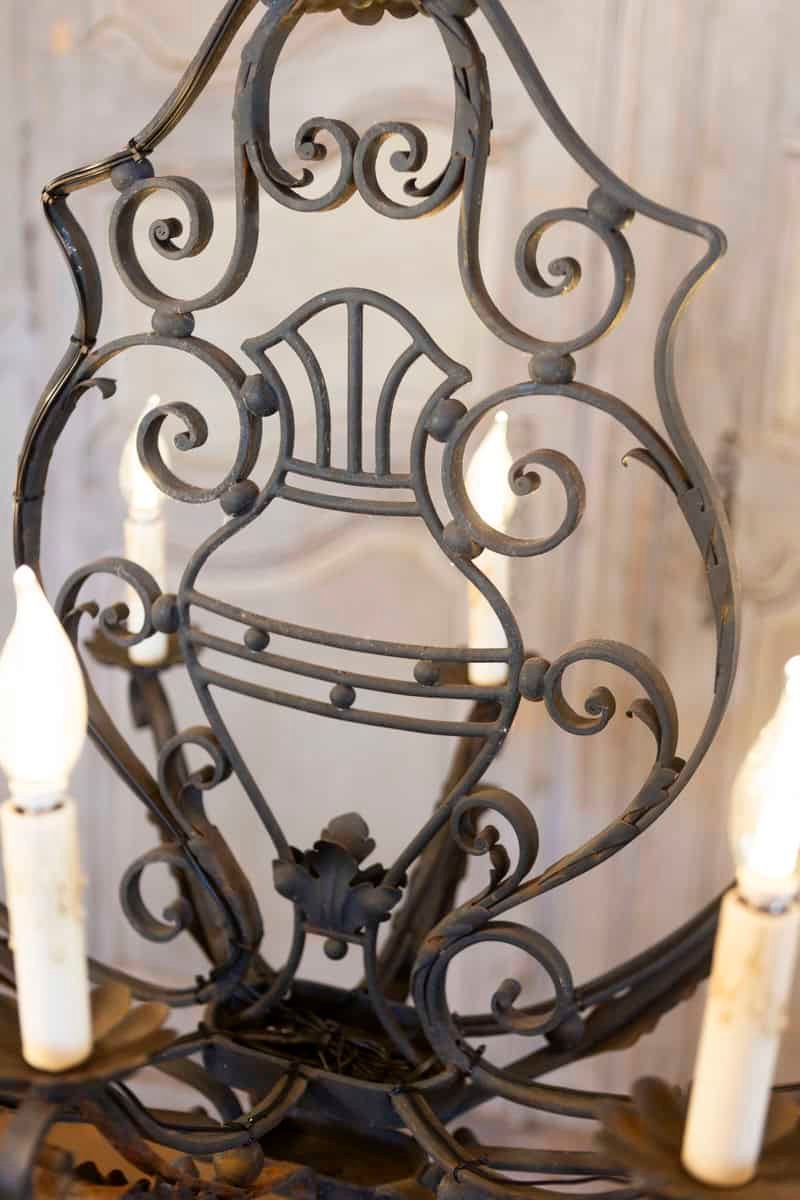 20th Century French Wrought Iron Eight-Light Chandelier, USA Wired - JAA