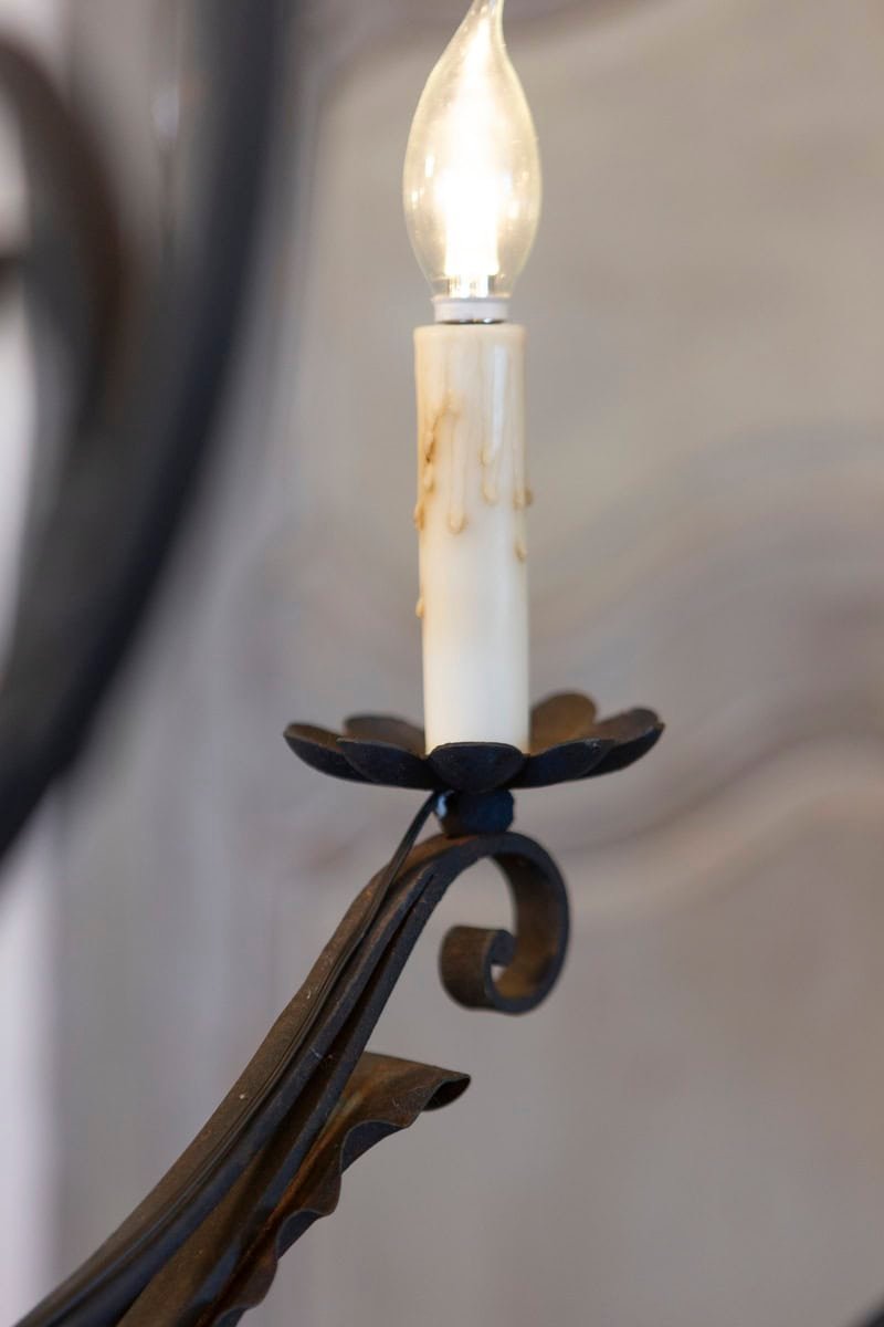 20th Century French Wrought Iron Eight-Light Chandelier, USA Wired - JAA