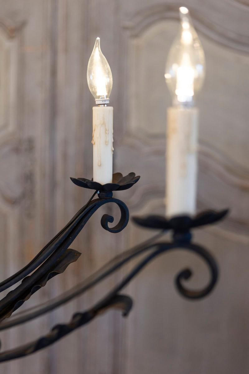 20th Century French Wrought Iron Eight-Light Chandelier, USA Wired - JAA