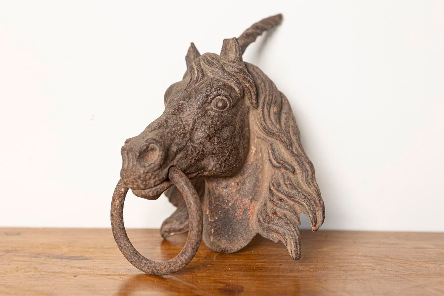 French 18th Century Cast Iron Horse Head Door Ornament with Iron Ring - JAA