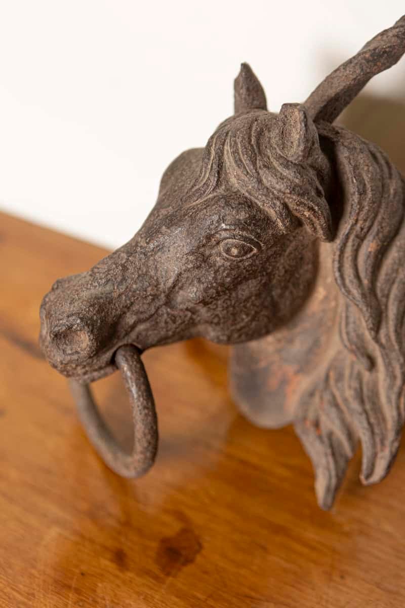 French 18th Century Cast Iron Horse Head Door Ornament with Iron Ring - JAA