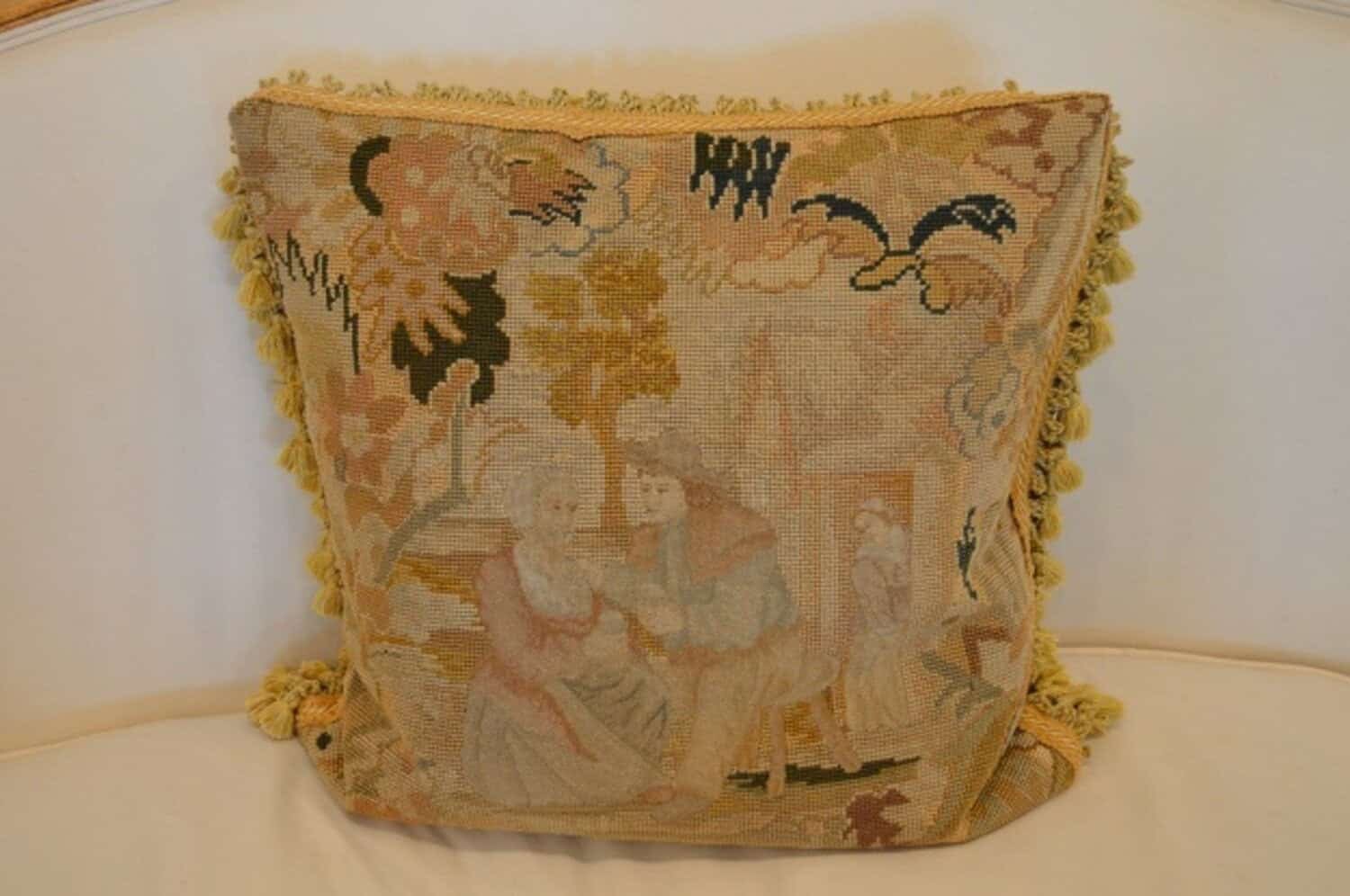French 19th Century Needlepoint Tapestry Pillow Depicting a Man Courting a Woman - JAA