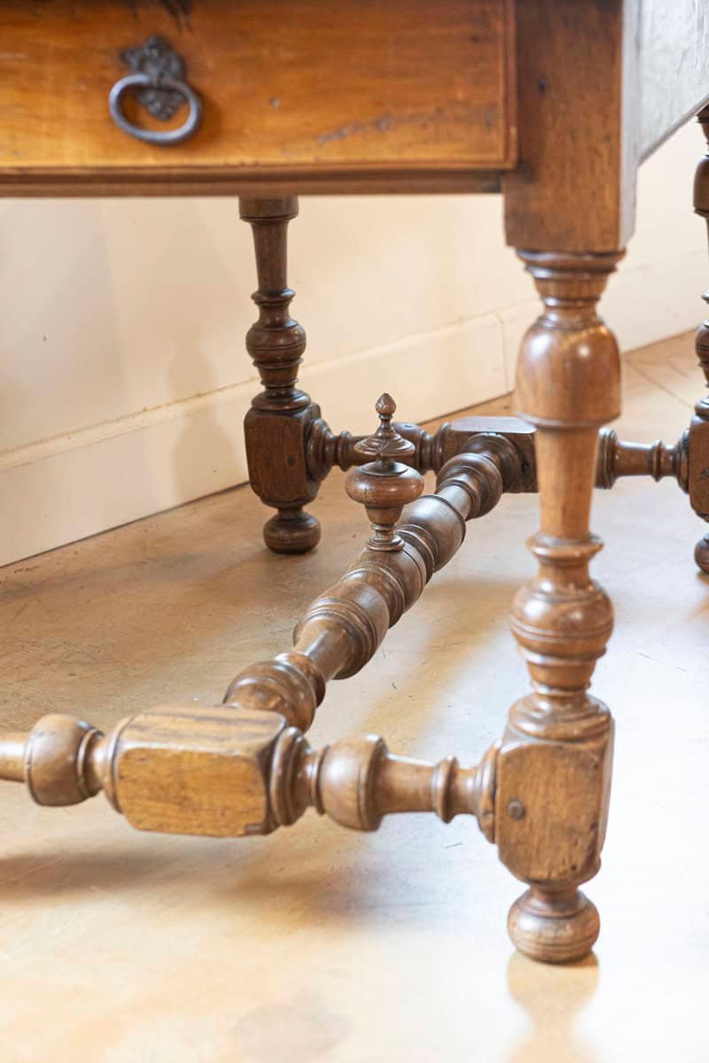 French 19th Century Louis XIII Style Cherry Table with Side Drawers, Circa 1850  French 1850s Louis XIII Style Cherry Table with Lateral Drawer and Turned Legs - JAA