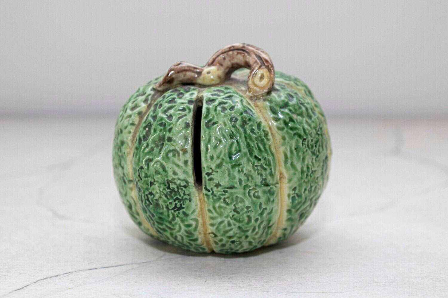 French Majolica Green Pumpkin Gourd (Decorative Antique Coin Piggy Bank) - JAA