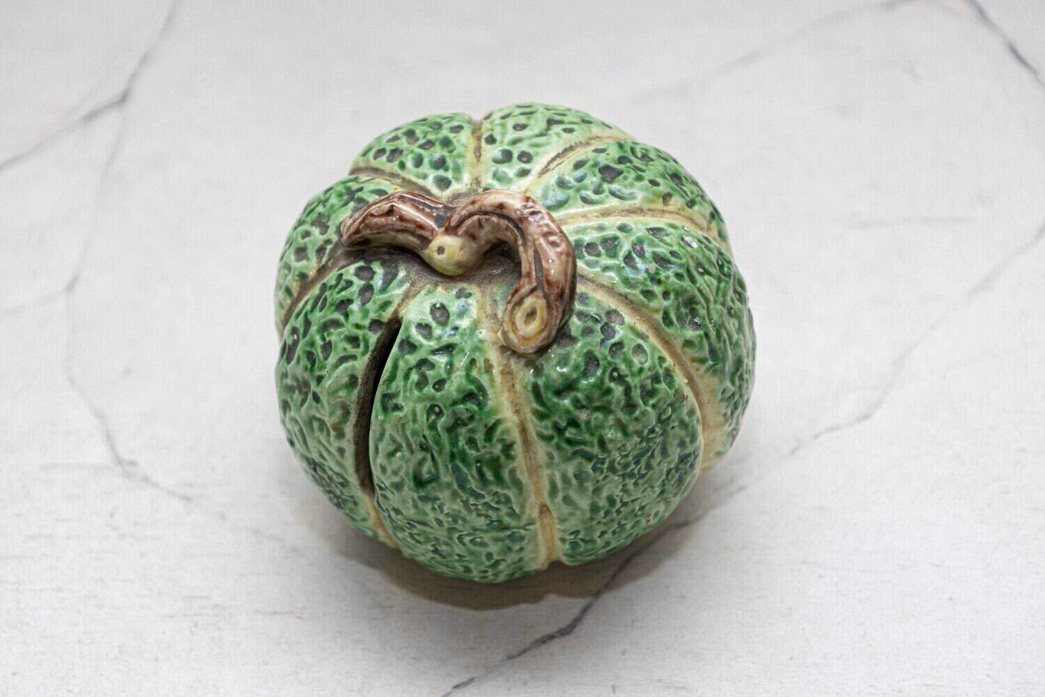 French Majolica Green Pumpkin Gourd (Decorative Antique Coin Piggy Bank) - JAA