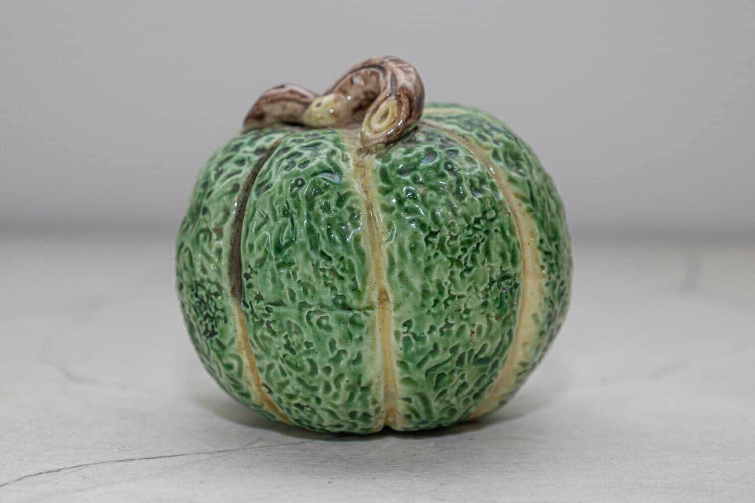 French Majolica Green Pumpkin Gourd (Decorative Antique Coin Piggy Bank) - JAA