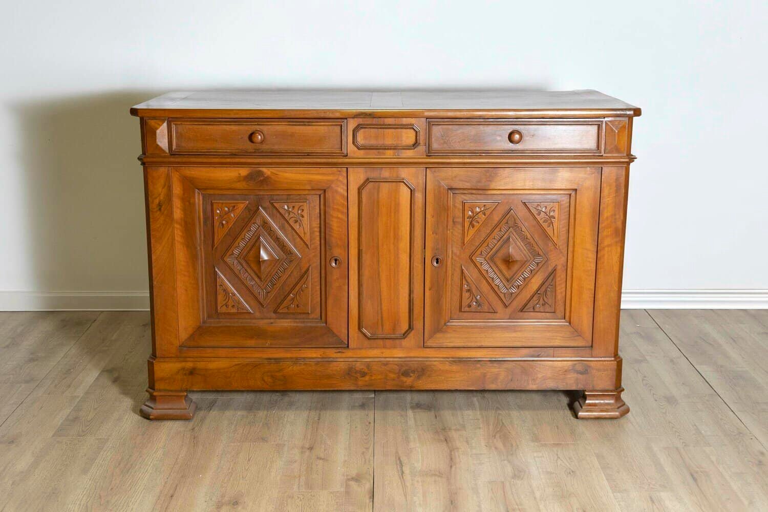 Italian 19th Century Walnut Buffet with Carved Diamond and Floral Motifs - JAA