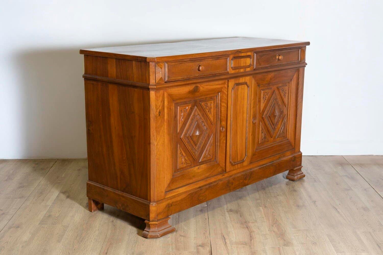 Italian 19th Century Walnut Buffet with Carved Diamond and Floral Motifs - JAA