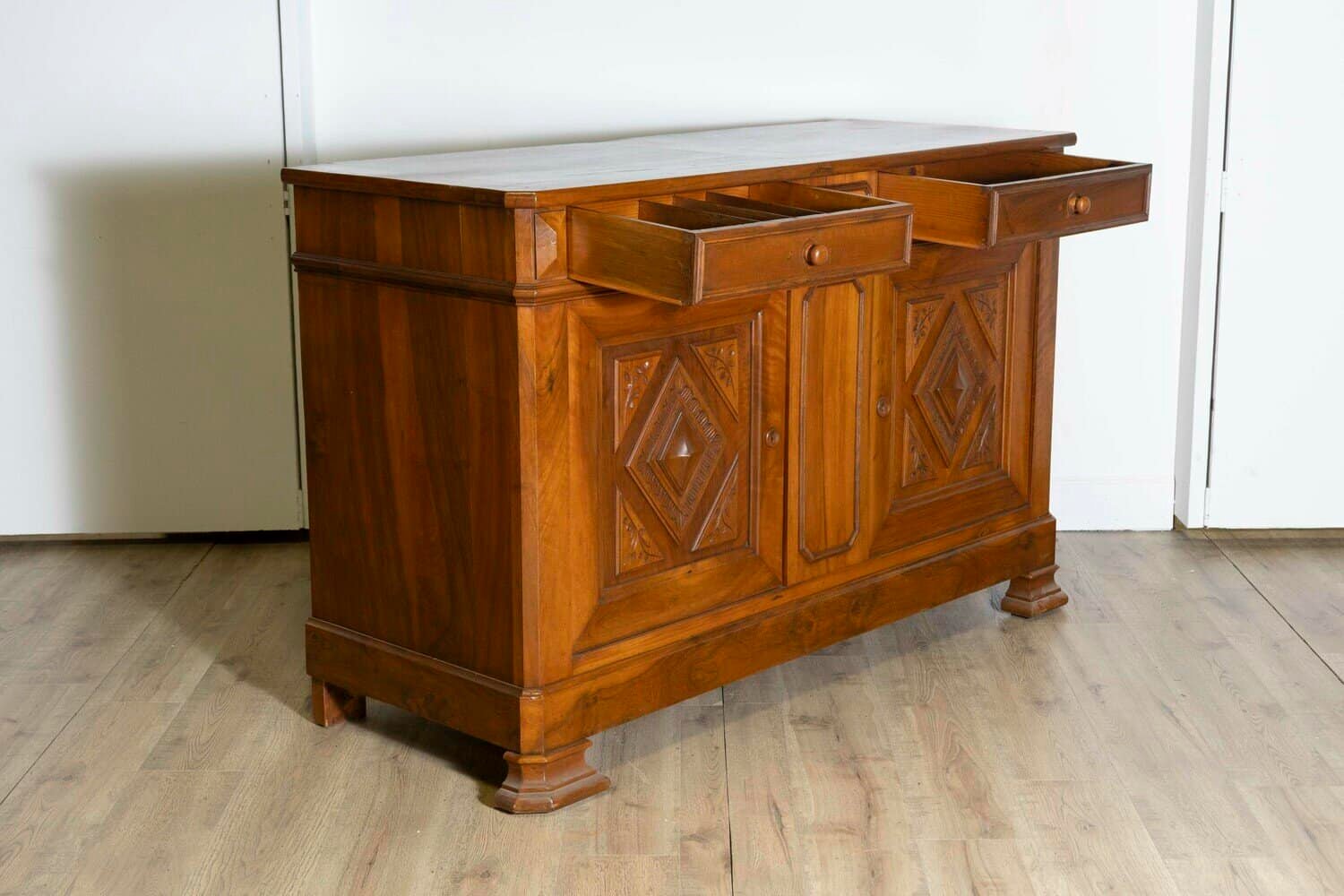 Italian 19th Century Walnut Buffet with Carved Diamond and Floral Motifs - JAA